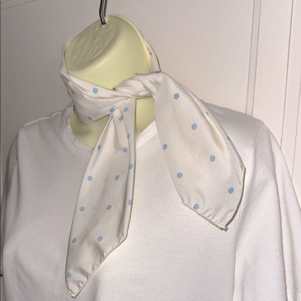 Vintage Creamy White Polyester Neck Scarf with‎ Light Blue Polka Dots
